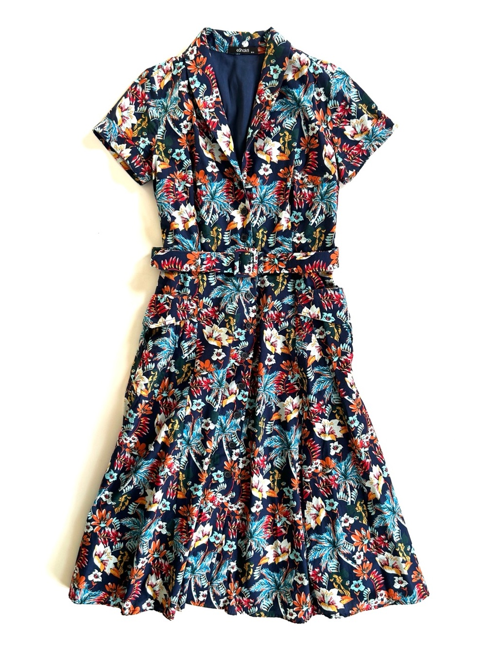 eShakti Navy Blue Tropical Floral Print Fit & Flare Short Sleeve Belted Dress